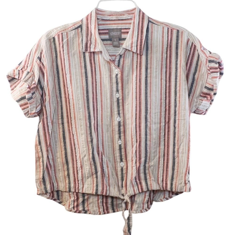Chicos Striped Tie-Front Button-Down Top Blouse Summer Coastal‎ Resortwear Chic